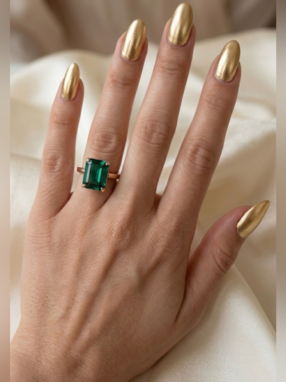 Rose Gold Emerald Cut Green Stone Cocktail Ring – Size 8 | 18 RGP